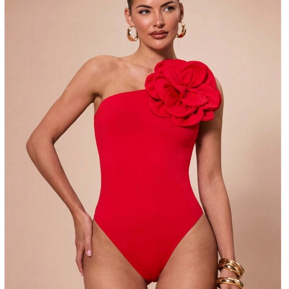 Rouge! Tops - Red Large Flower One Shoulder Bodysuit Slim Fit Asymmetrical